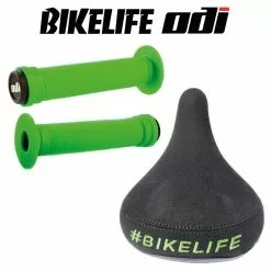 Pack Selle BIKELIFE Noir Logo Vert+ Poignées ODI Longneck Std Vert
